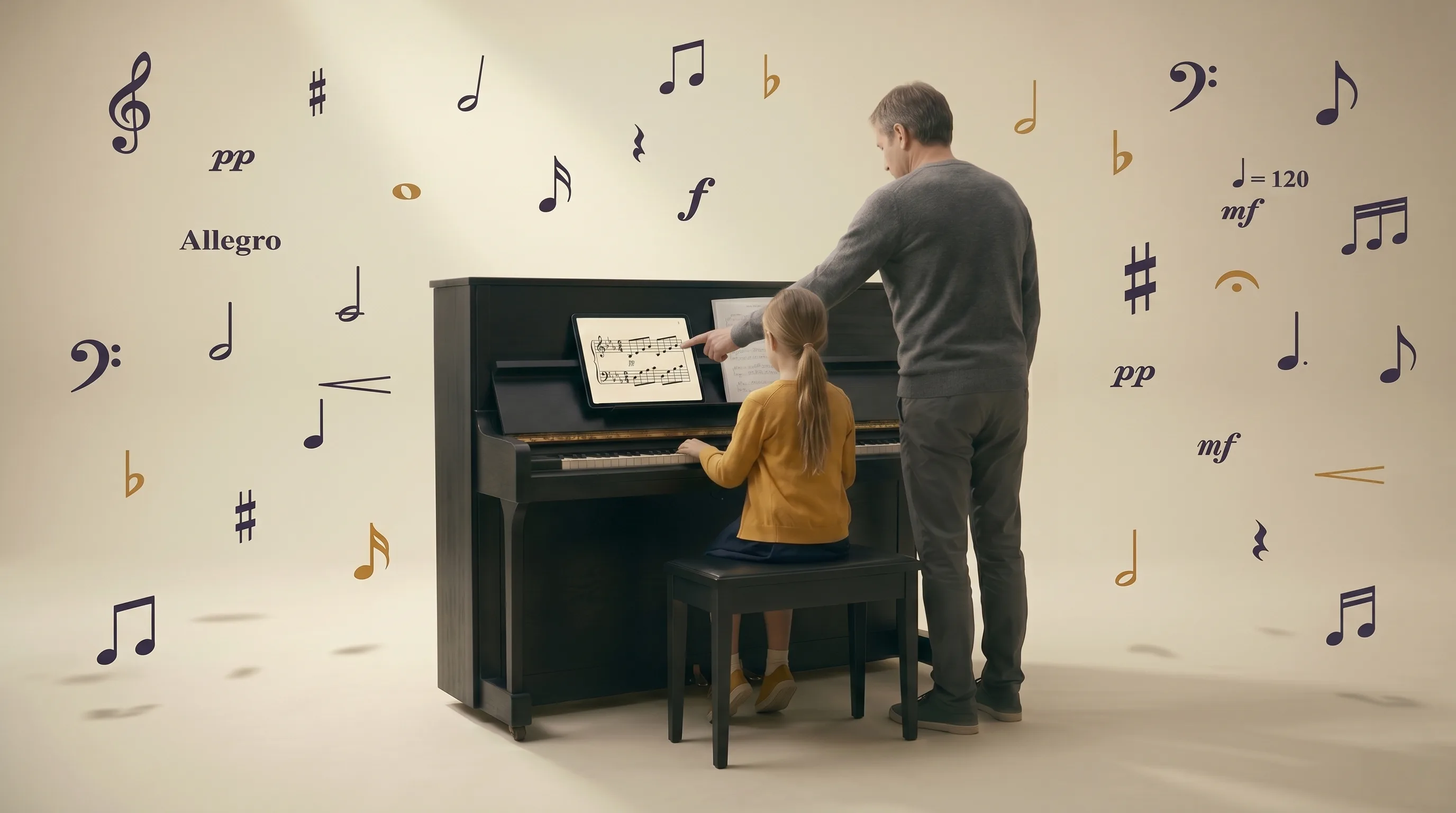 A parent standing beside their child at an upright piano, pointing to sheet music displayed on a tablet — surrounded by floating music notation symbols in indigo and amber.